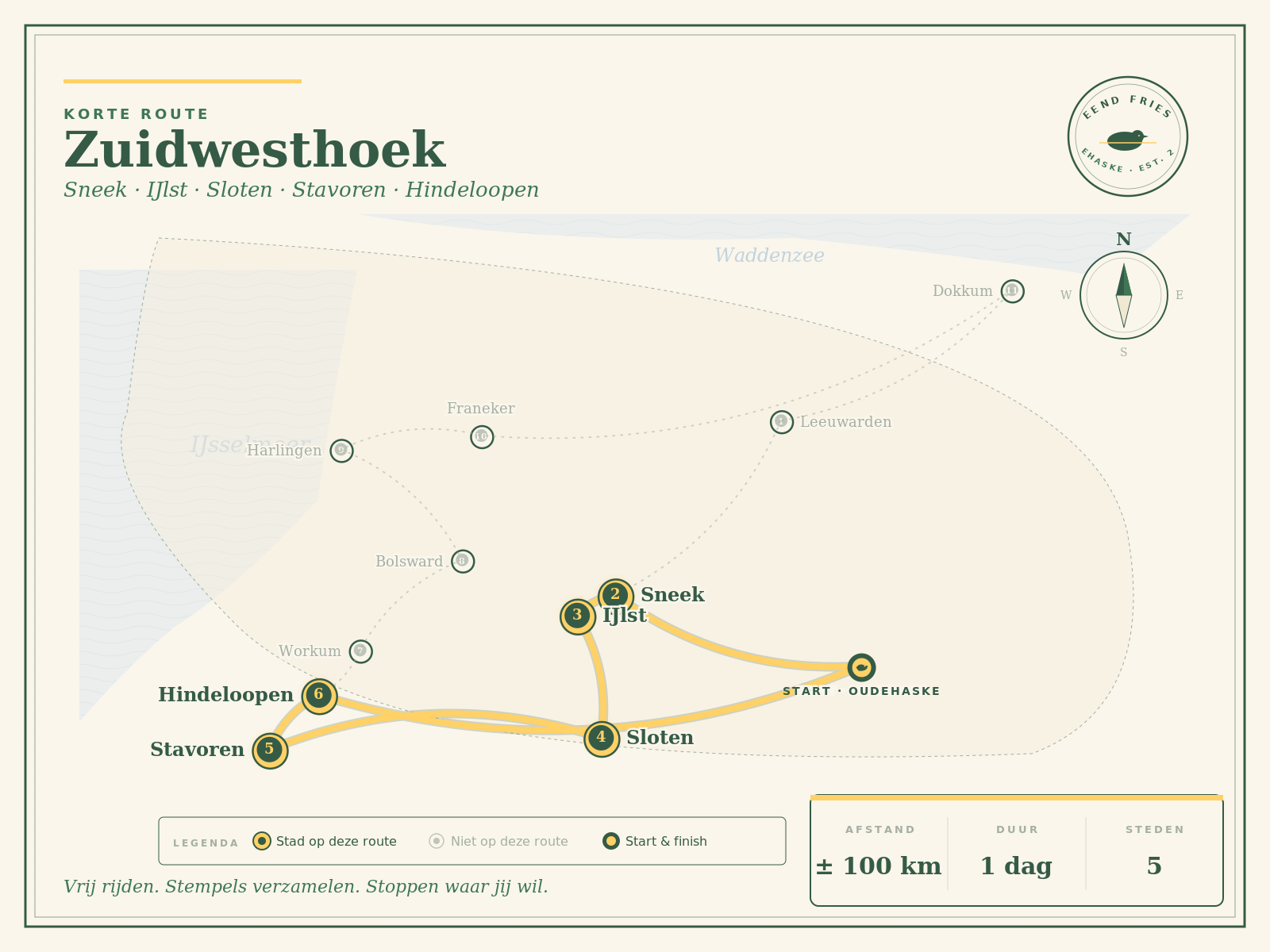Kaart van de korte route: Sneek, IJlst, Sloten, Stavoren en Hindeloopen
