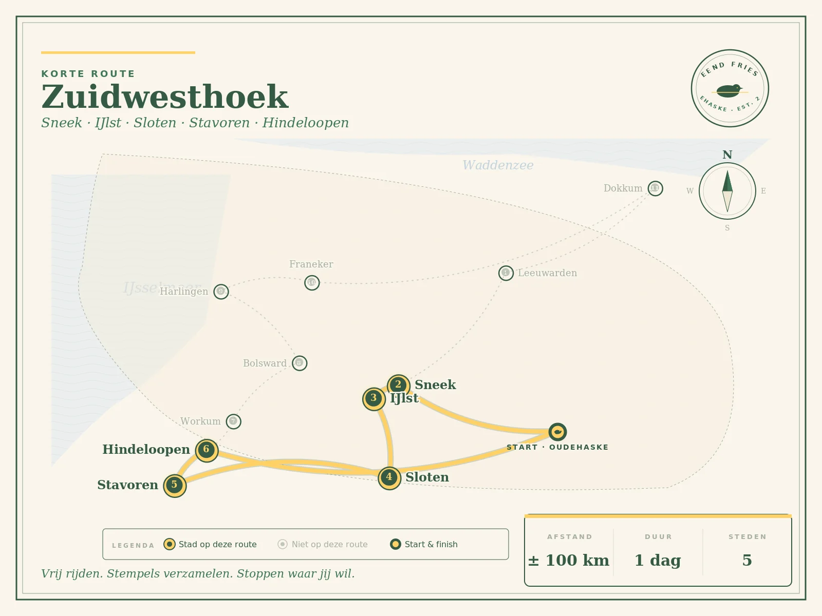 Map of the short route: Sneek, IJlst, Sloten, Stavoren and Hindeloopen